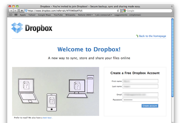 Iscrizione gratuita a DropBox